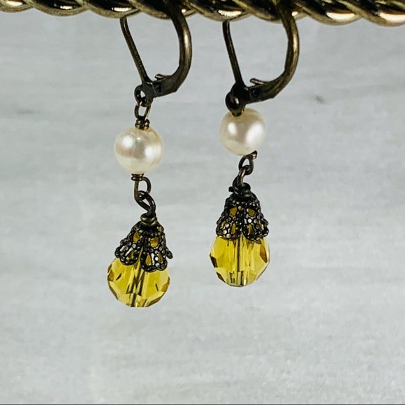 Genuine pearl and citrine faceted earrings - Picture 3 of 5